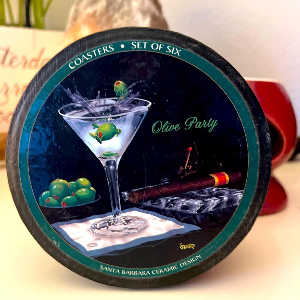 Santa Barbara Olive Party 6 PC  Coaster Ceramic Design Micheal Godard NEW